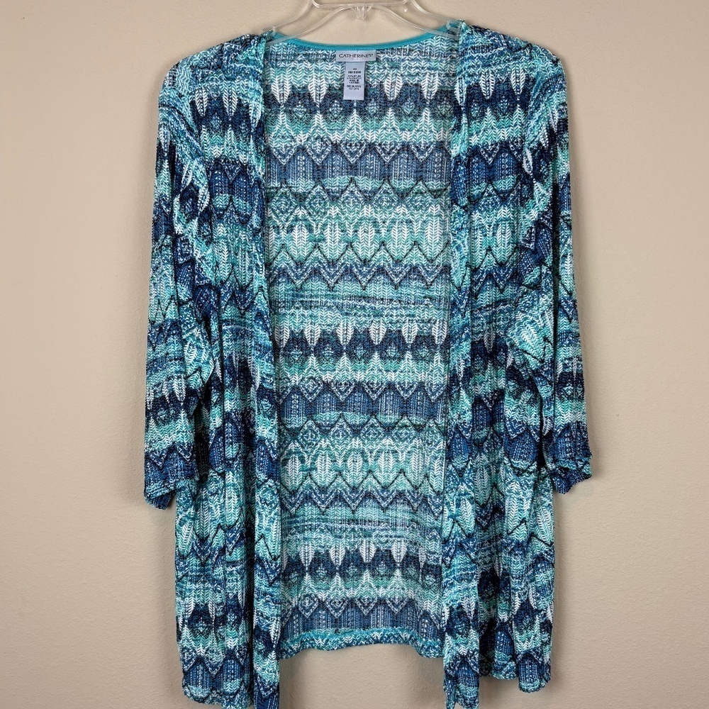 Catherines Blue/Turquoise/White Knit 3/4 Sleeve Open Front Stretch Cardigan